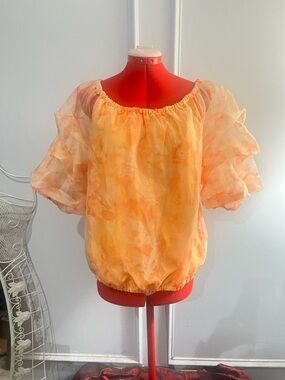 CeCe Sheer Puff-Sleeve Off-Shoulder Top in Orange  White swirl size L
